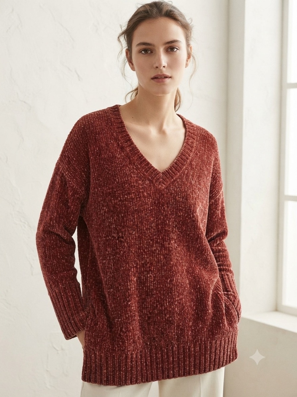 Zara Cozy V-Neck Chenille Sweater - Rust